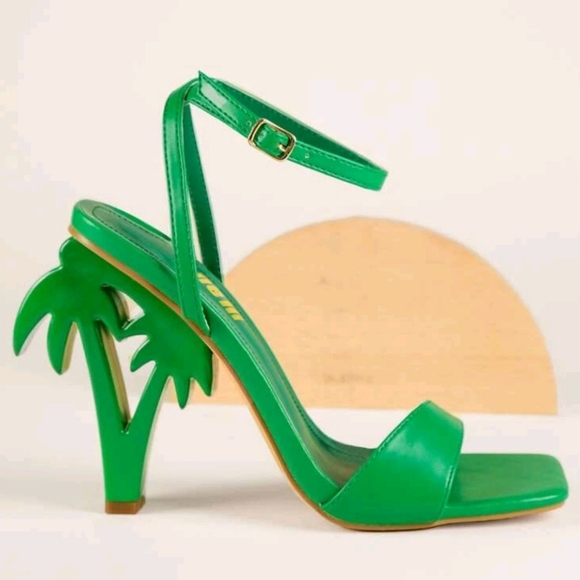Strappy Sandals Green Square Toe Palm Tree Ankle Strap Heels Summer Vacay 7 - Picture 2 of 5